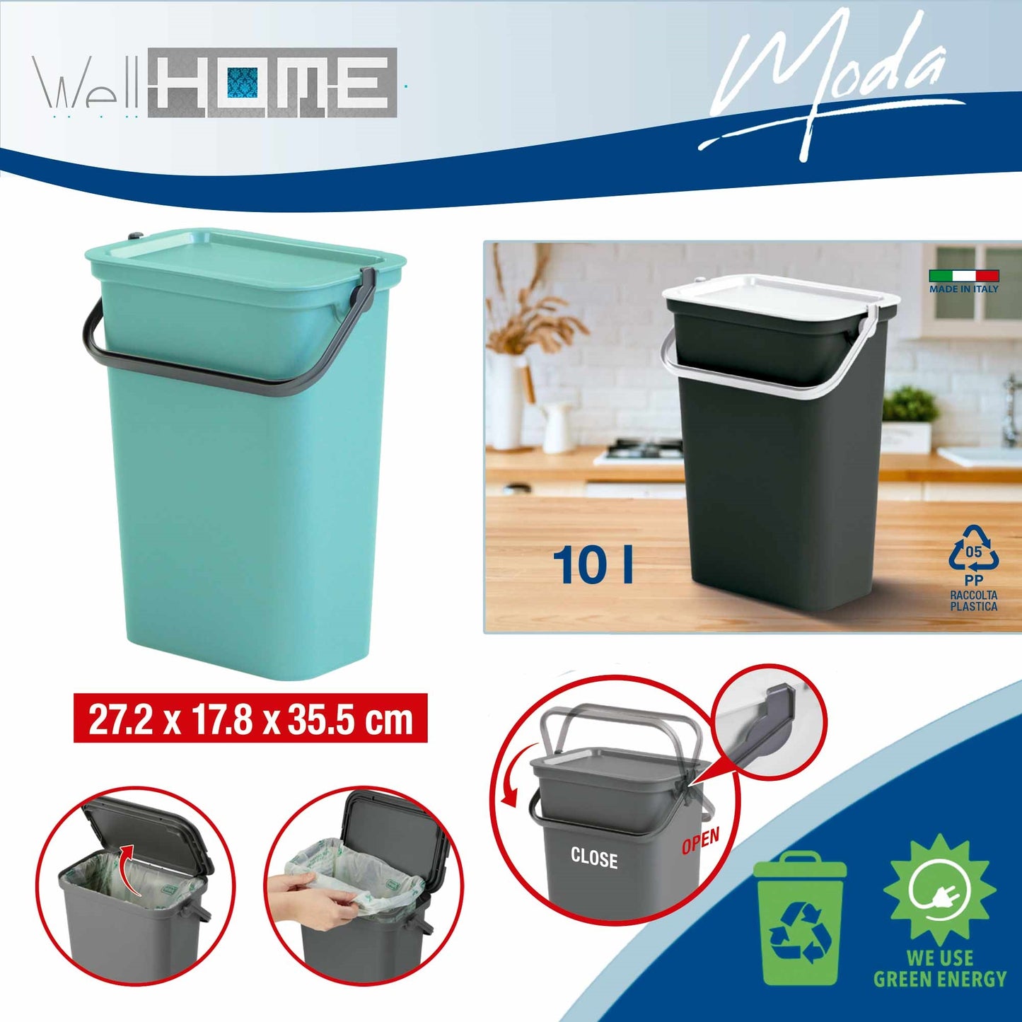 Set De 4 Papeleras moda 5l/10l/25l/40l Salvia Con Asa_2