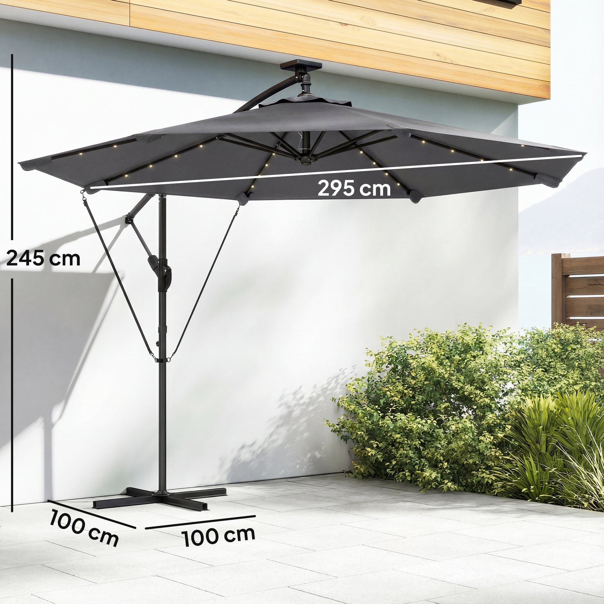Outsunny Parasol Excéntrico Con Luces Led Solares Base Cruzada 330x295 Cm Gris_2