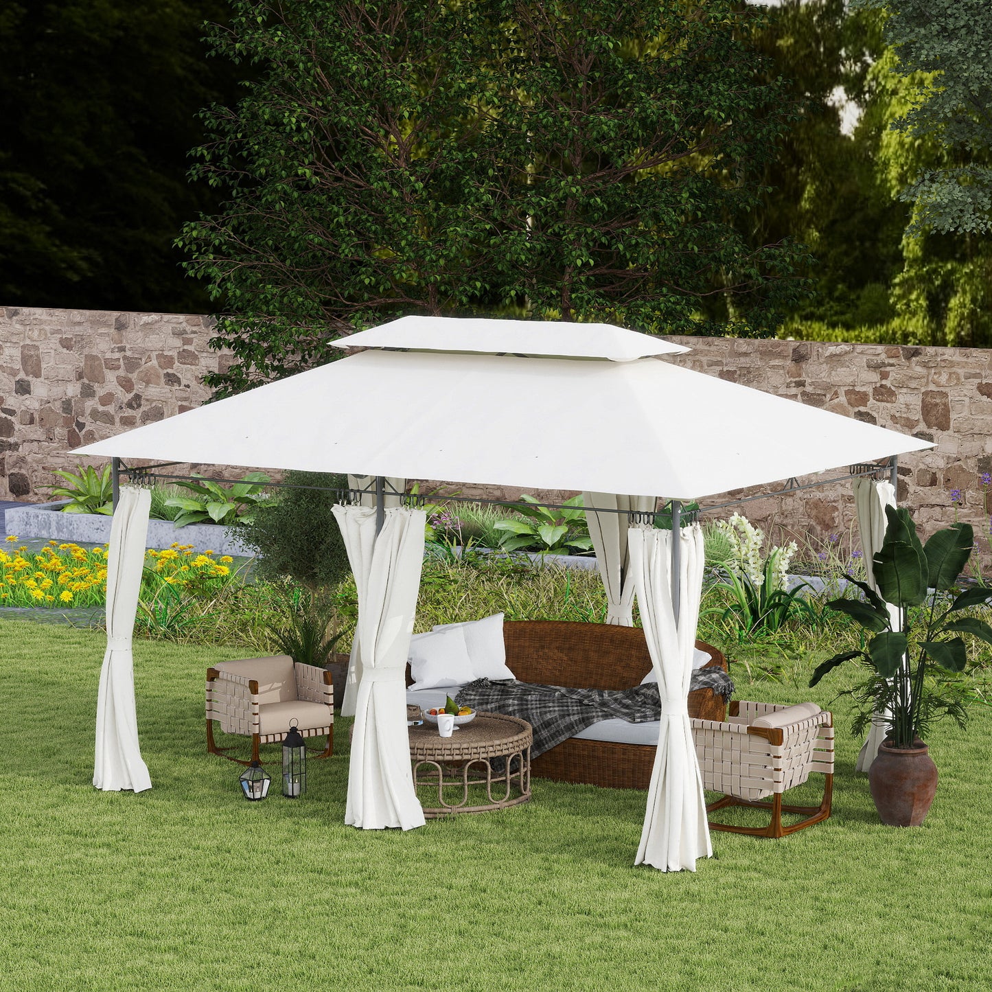 Outsunny Cenador Para Jardín 4x3 M Con Doble Techo Paredes Laterales Crema_4