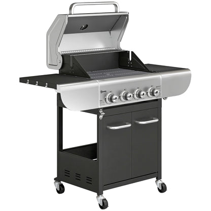 Outsunny Barbacoa De Gas Con 4 Quemadores 12,8 Kw Termómetro Mesas Laterales_0