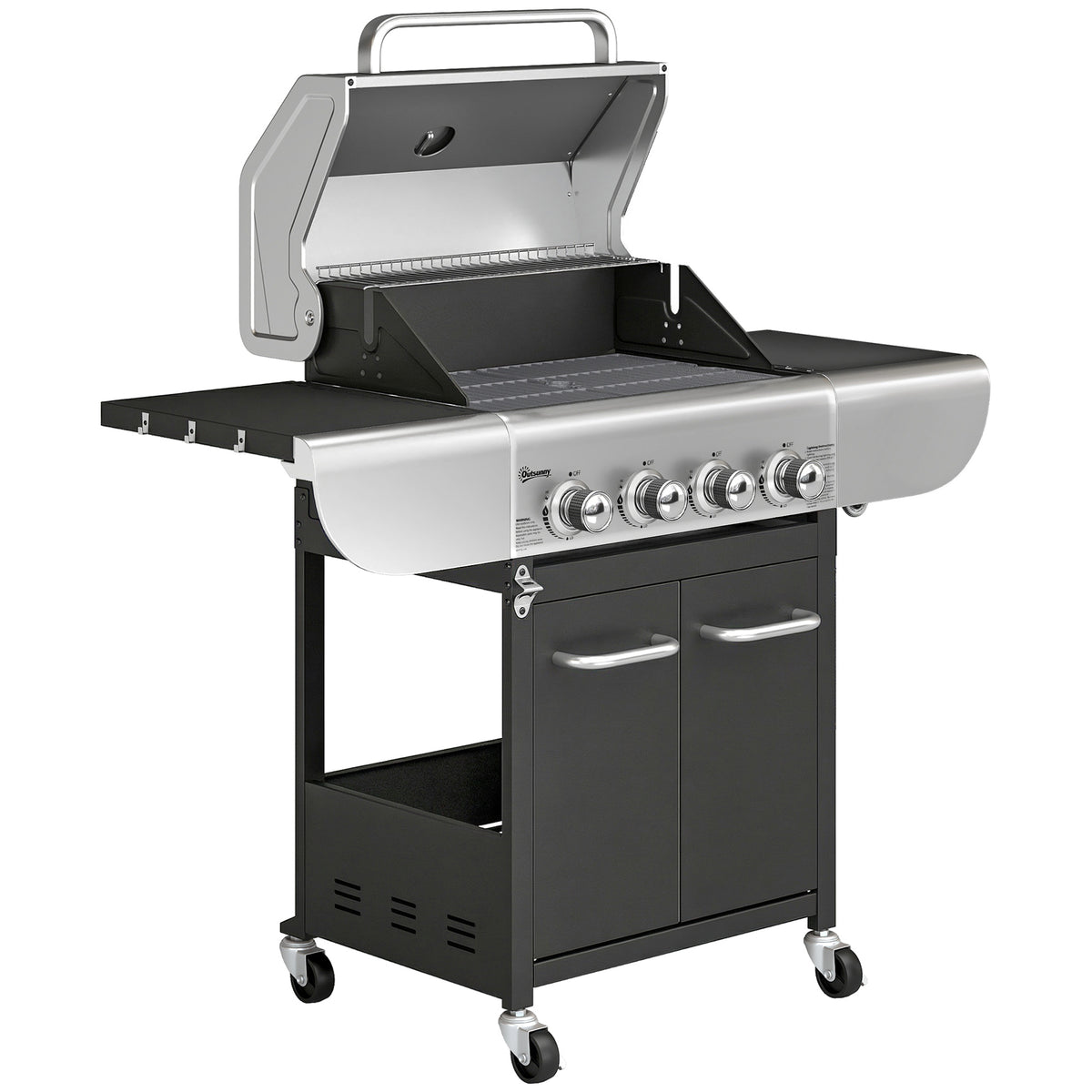 Outsunny Barbacoa De Gas Con 4 Quemadores 12,8 Kw Termómetro Mesas Laterales_0