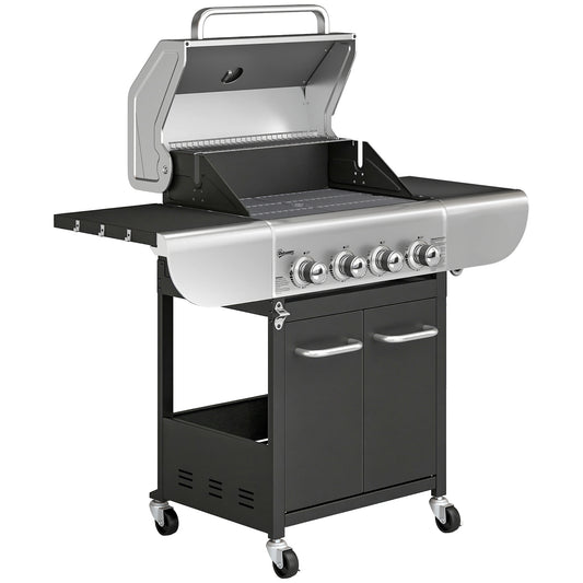 Outsunny Barbacoa De Gas Con 4 Quemadores 12,8 Kw Termómetro Mesas Laterales_0