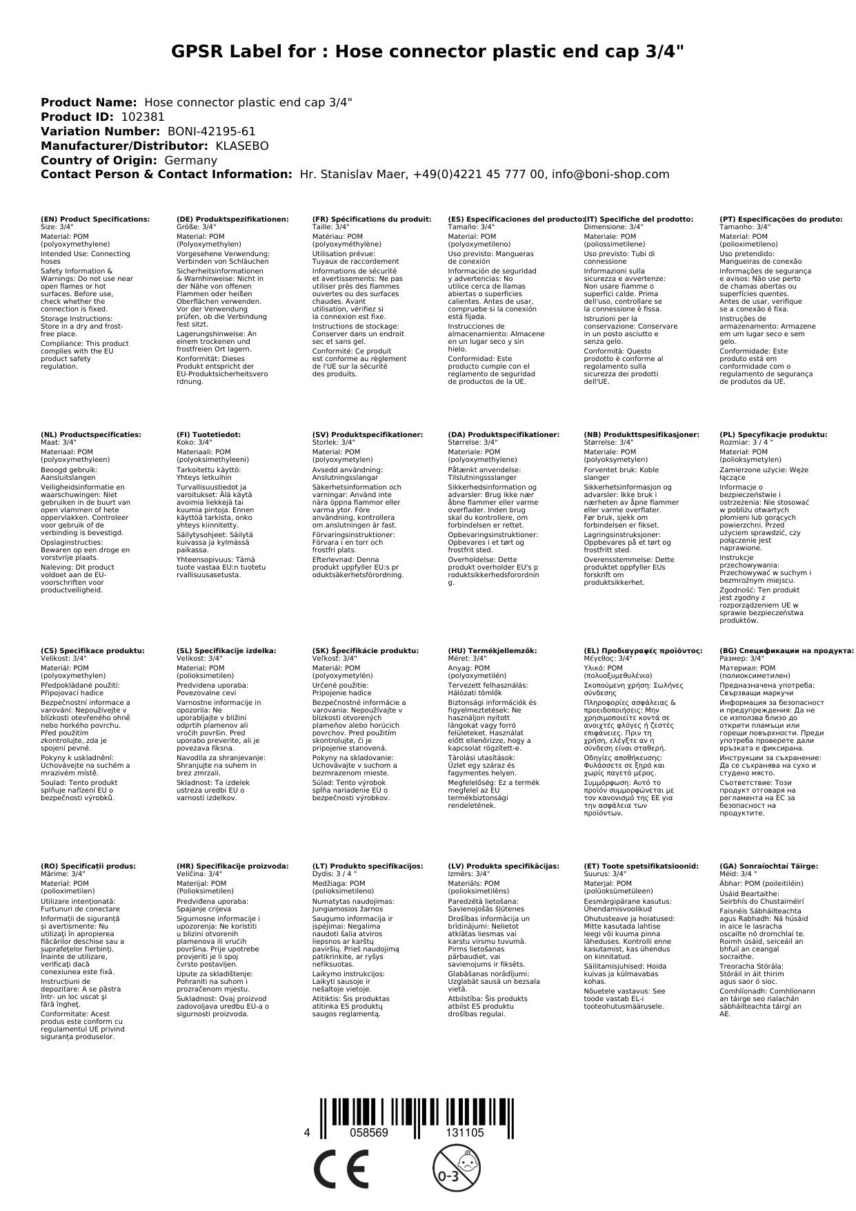 Conector De Manguera De Plástico Tapa Final 3/4