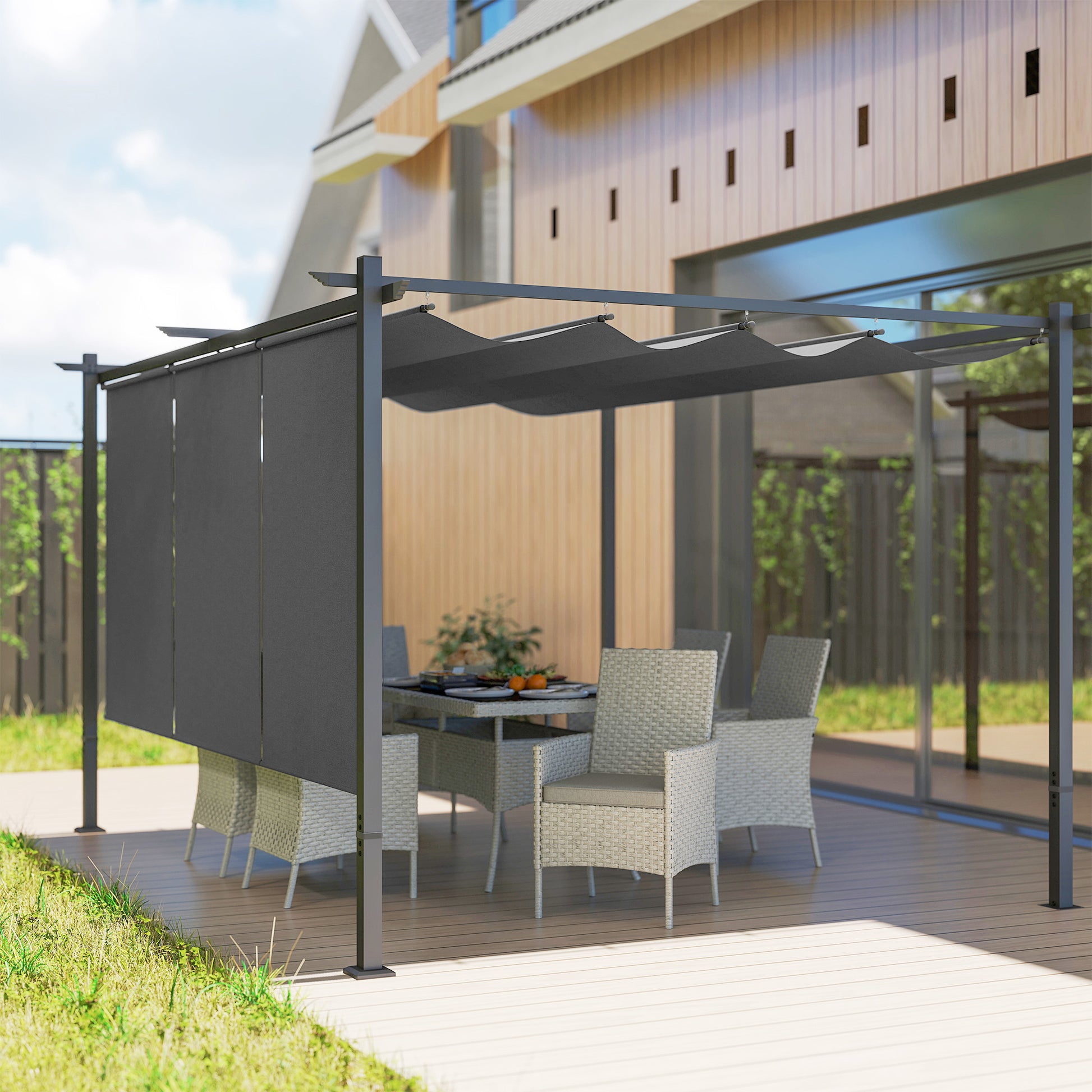 Outsunny Pérgola De Jardín 4x3 M Con Techo Retráctil Y 3 Laterales Enrollables_3