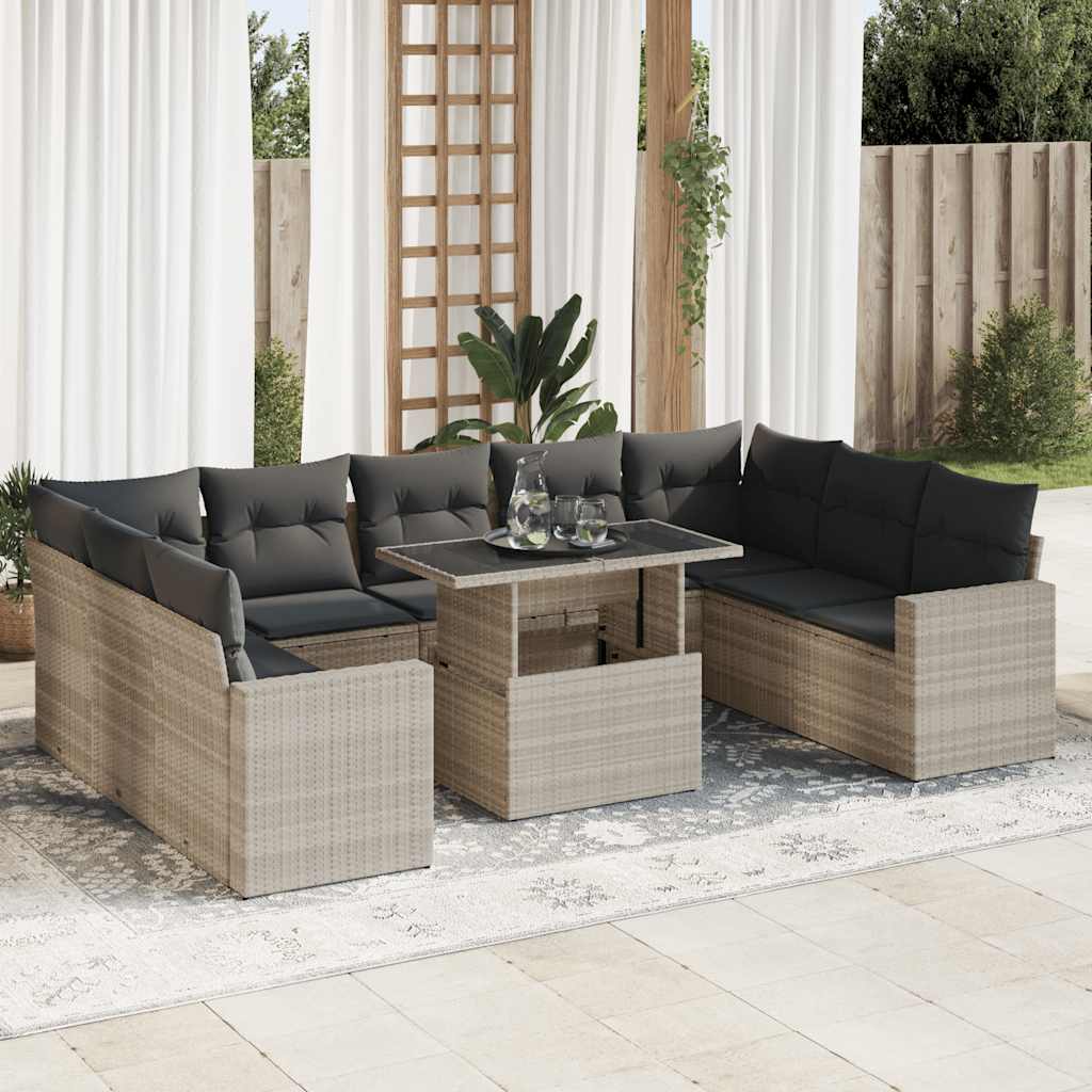 Set Sofás Jardín 10 Pzas Con Cojines Ratán Sintético Gris Claro / Vetonek_3