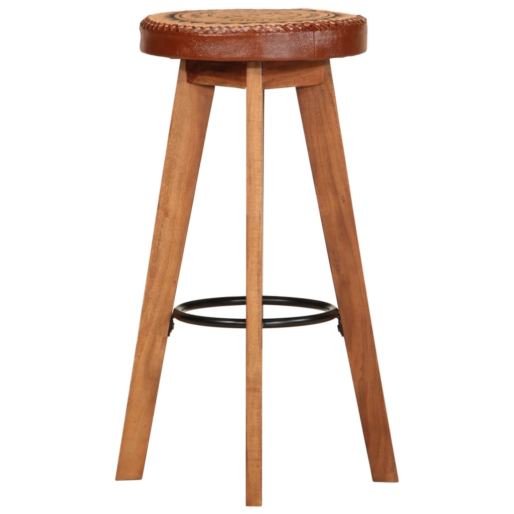 Taburetes De Cocina 2 Uds Cuero Auténtico Madera Maciza Acacia_1