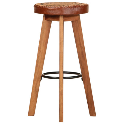 Taburetes De Cocina 2 Uds Cuero Auténtico Madera Maciza Acacia_1