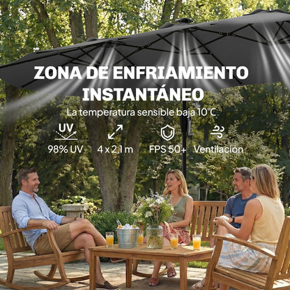 Outsunny Sombrilla Doble 4x2 M Con 36 Luces Led Manivela Upf50+ Gris Oscuro_5