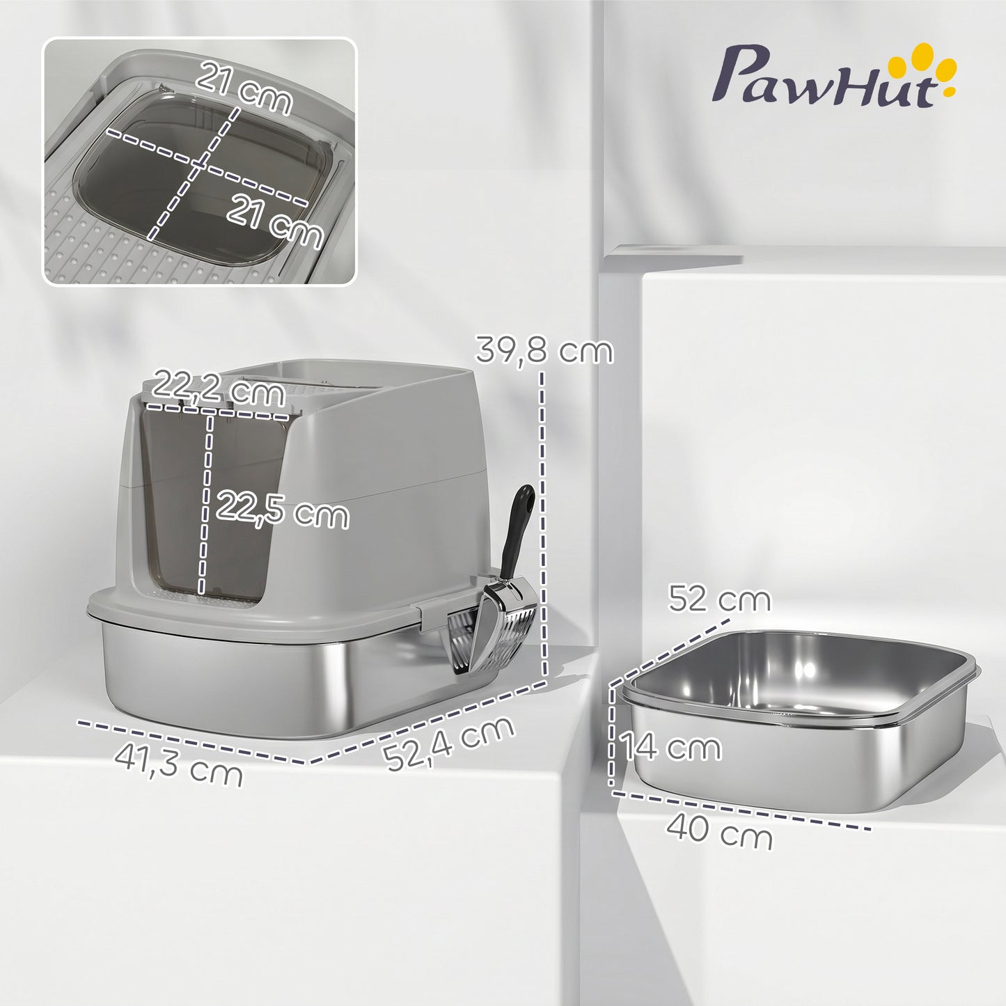 Pawhut Arenero Para Gatos De Acero Inoxidable L Con Tapa Abatible Gris Claro_2