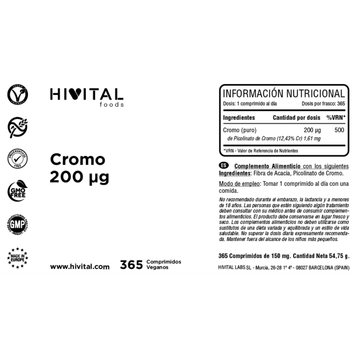 Cromo 200 mcg Hivital 365 comprimidos veganos