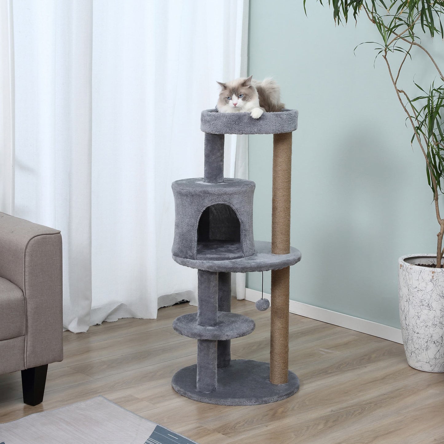 Pawhut Árbol Rascador Para Gatos 104 Cm Con Plataformas Refugio Postes De Sisal_1
