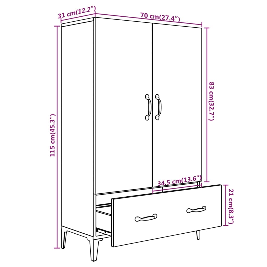 Aparador De Madera Contrachapada Blanco Brillante 70x31x115cm / Vetonek_5