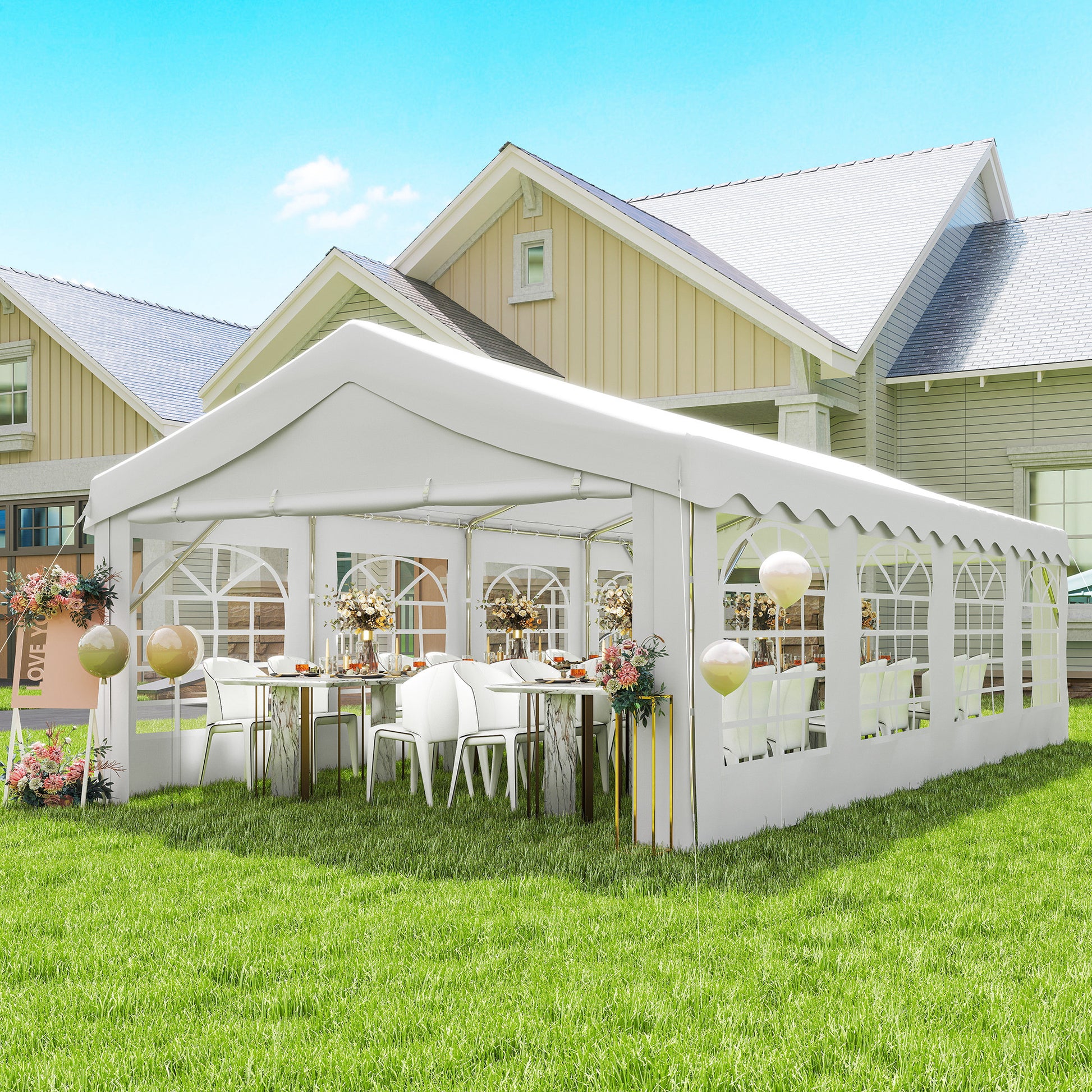 Outsunny Carpa Para Fiesta 4x8 M Con Paredes Extraíbles Puerta Y Ventanas Blanco_1