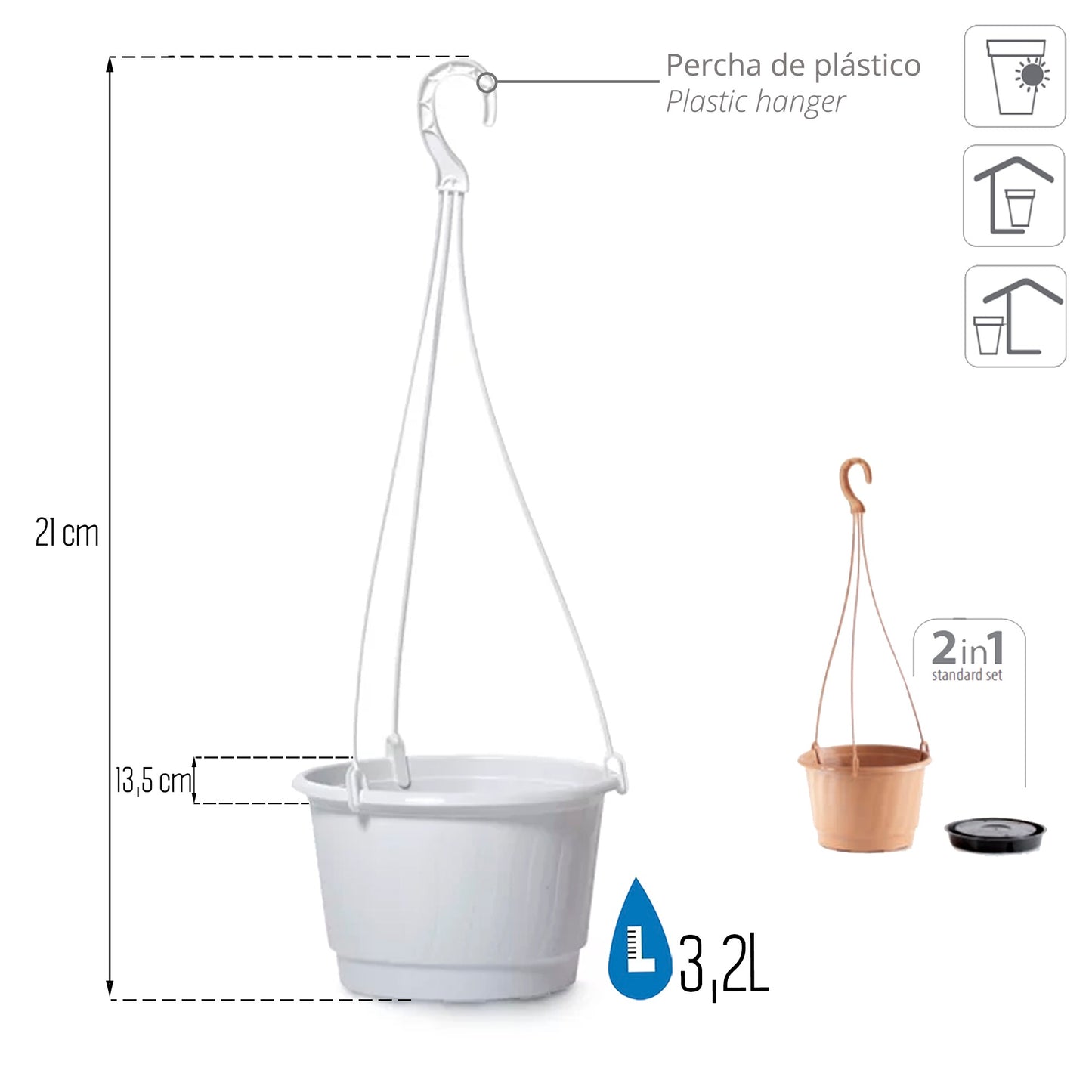 Macetero Colgante Pro 3,2l., Dimensiones (mm) 210x210x135, Color Blanco_2