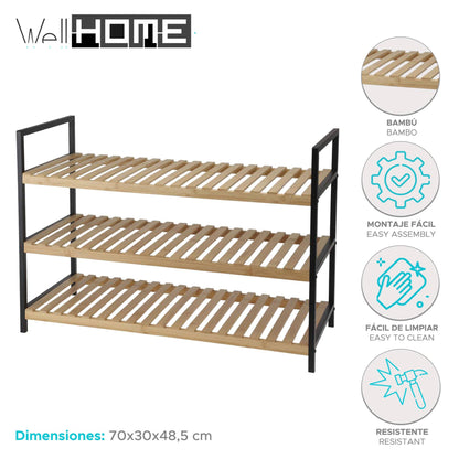 Well Home Zapatero De Bambú Con 3 Estantes En Metal Y Bambú 70x30x48,5cm