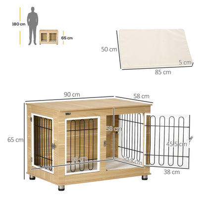 Pawhut Jaula Para Perros Con Cojín Lavable Estructura De Acero 90x58x65 Cm Roble_2