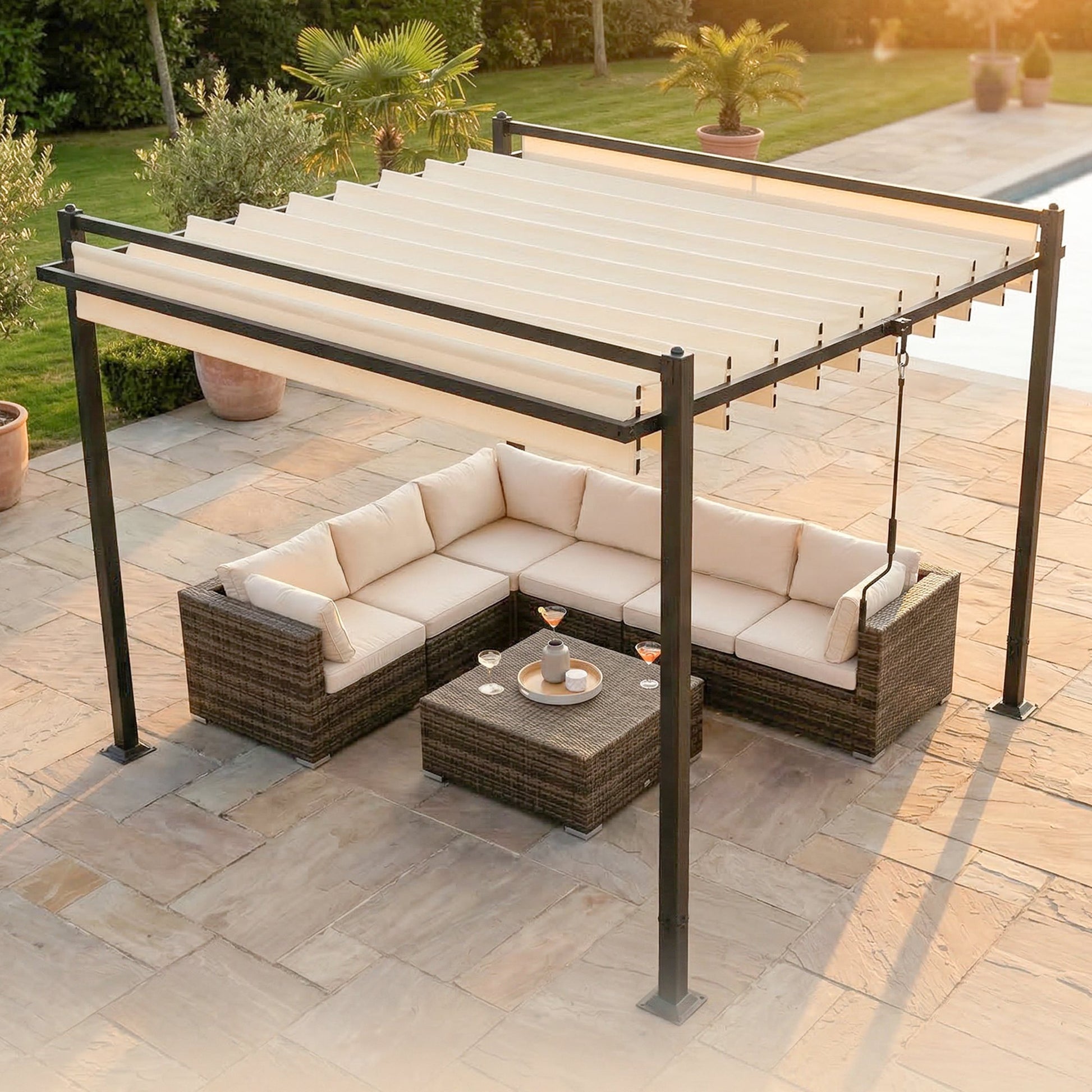 Outsunny Pérgola De Jardín 3x3,8 M Con Techo De Lamas Ajustable Upf50+ Beige_3