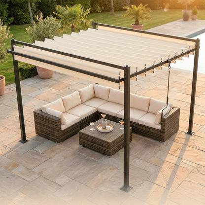 Outsunny Pérgola De Jardín 3x3,8 M Con Techo De Lamas Ajustable Upf50+ Beige_3