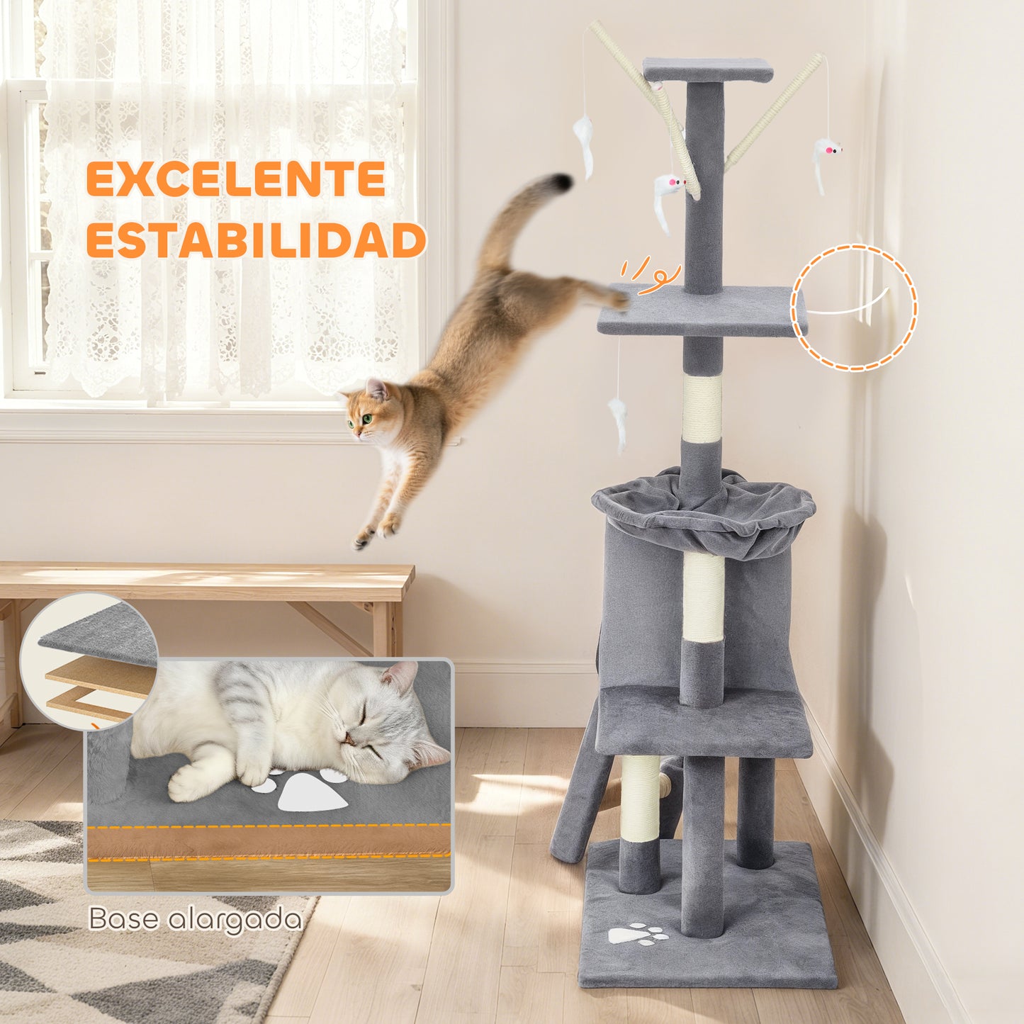 Pawhut Árbol Rascador Para Gatos Grande Altura 134 Cm Con 6 Postes De Sisal Gris_5
