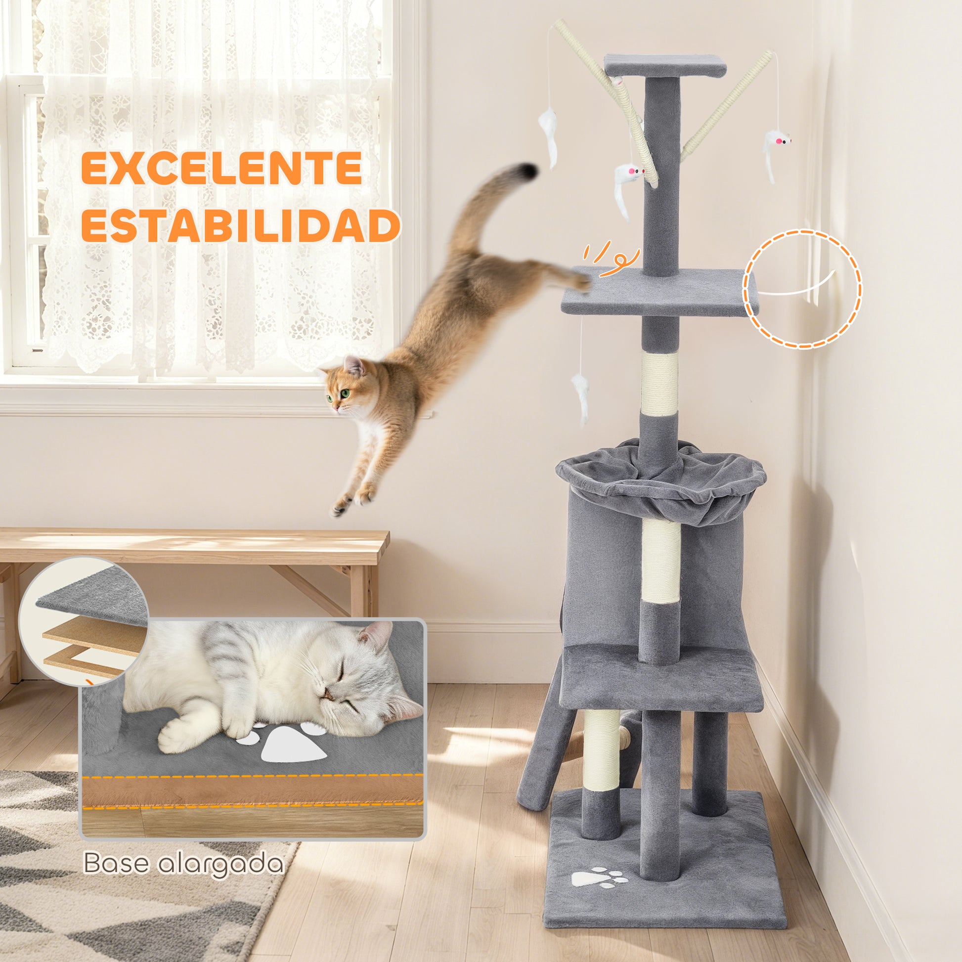 Pawhut Árbol Rascador Para Gatos Grande Altura 134 Cm Con 6 Postes De Sisal Gris_5
