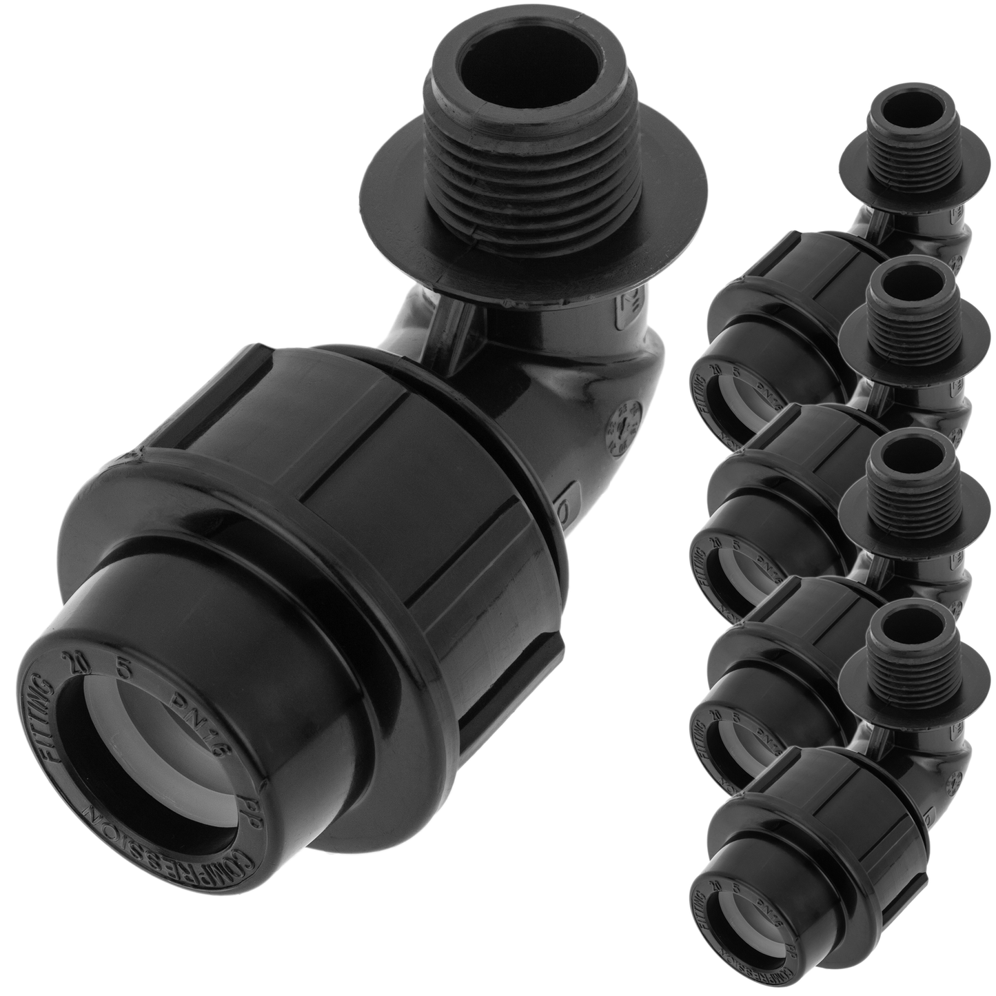 Pack De 5 Unidades Terminal De Rosca Macho Acodado De Polietileno 20 Mm X 1/2“ Para Sistema De Riego_0