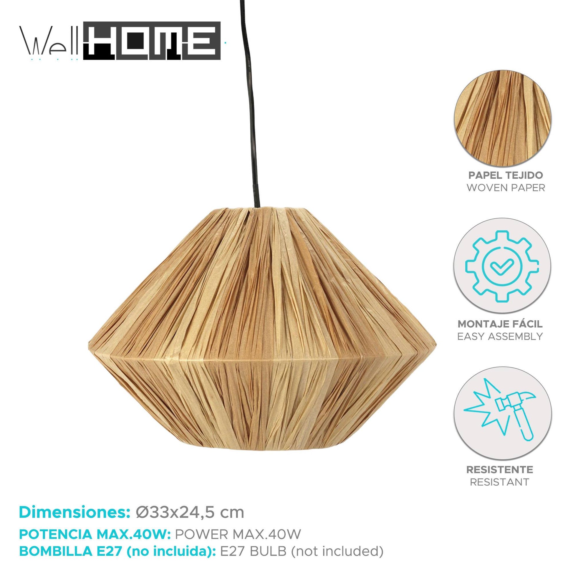 Well Home Lámpara Colgante De Papel Tejido Ø33x24,5cm