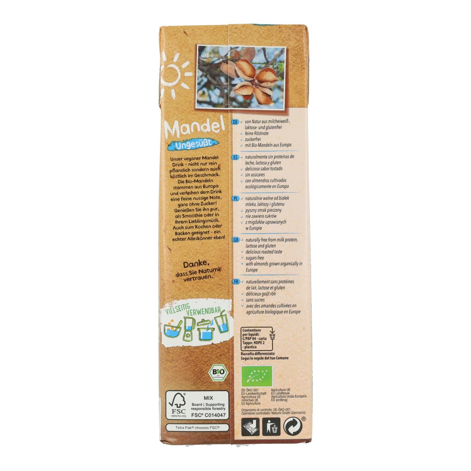 Pack 8x Bebida Almendras sin azúcar Bio Natumi 1 L