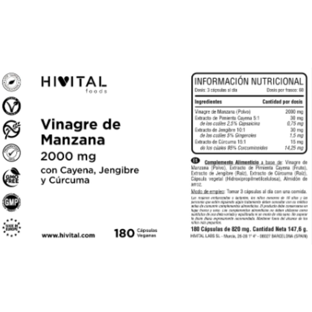 Vinagre de manzana 2000 mg 180 cápsulas veganas Hivital