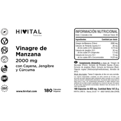 Vinagre de manzana 2000 mg 180 cápsulas veganas Hivital