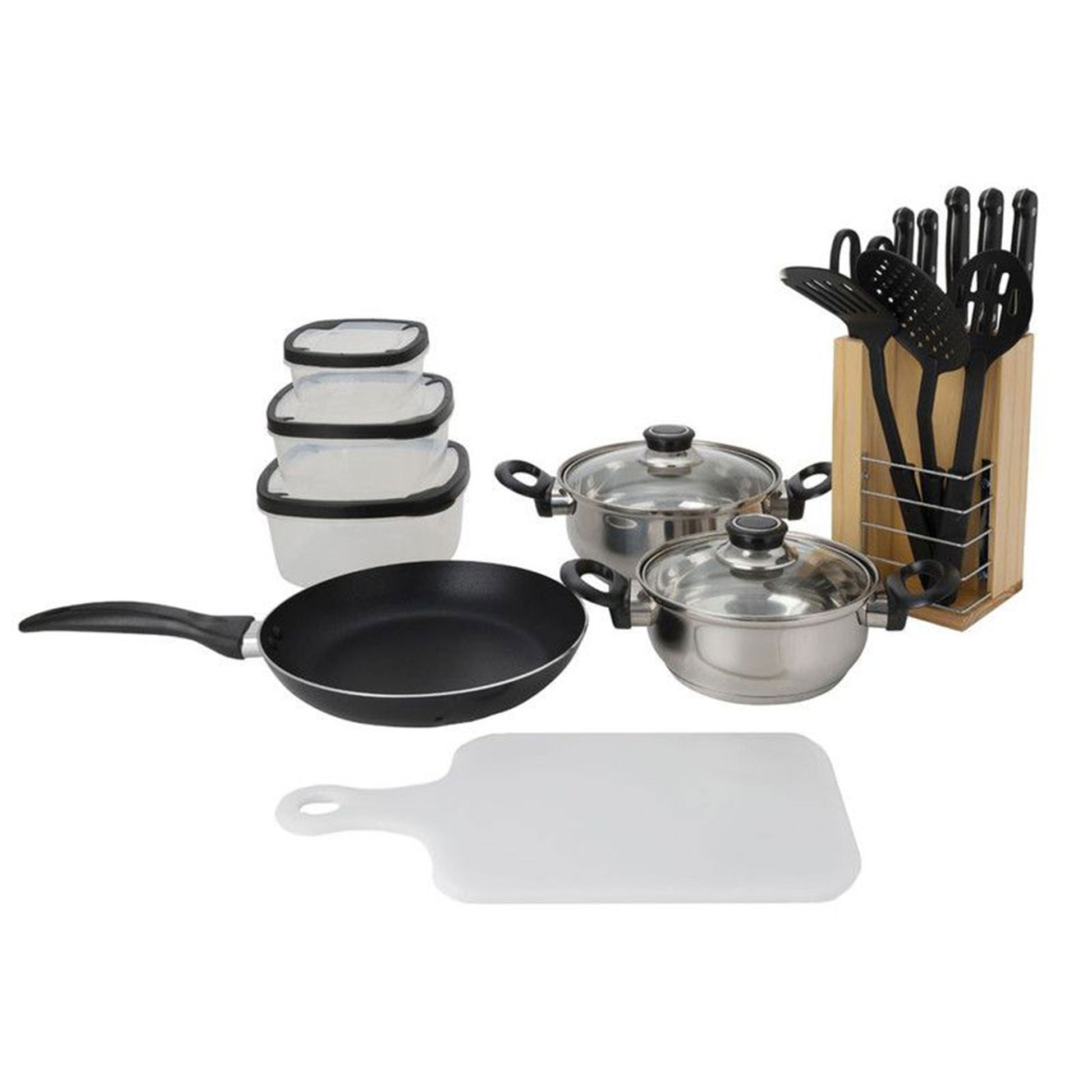Well Home Batería De Cocina De 18pc (1x Sarten + 2 Cacerolas + 1 Tabla De Cortar + 1 Tijeras + 3 Utensilios De Nylon + 4 Tuppers + 1 Bloque De Madera