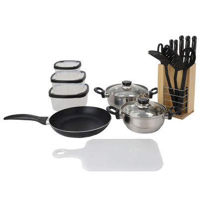 Well Home Batería De Cocina De 18pc (1x Sarten + 2 Cacerolas + 1 Tabla De Cortar + 1 Tijeras + 3 Utensilios De Nylon + 4 Tuppers + 1 Bloque De Madera_0