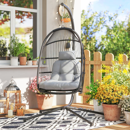 Outsunny Silla Colgante Huevo Con Soporte Cesta Plegable Cojín Gris Oscuro_1