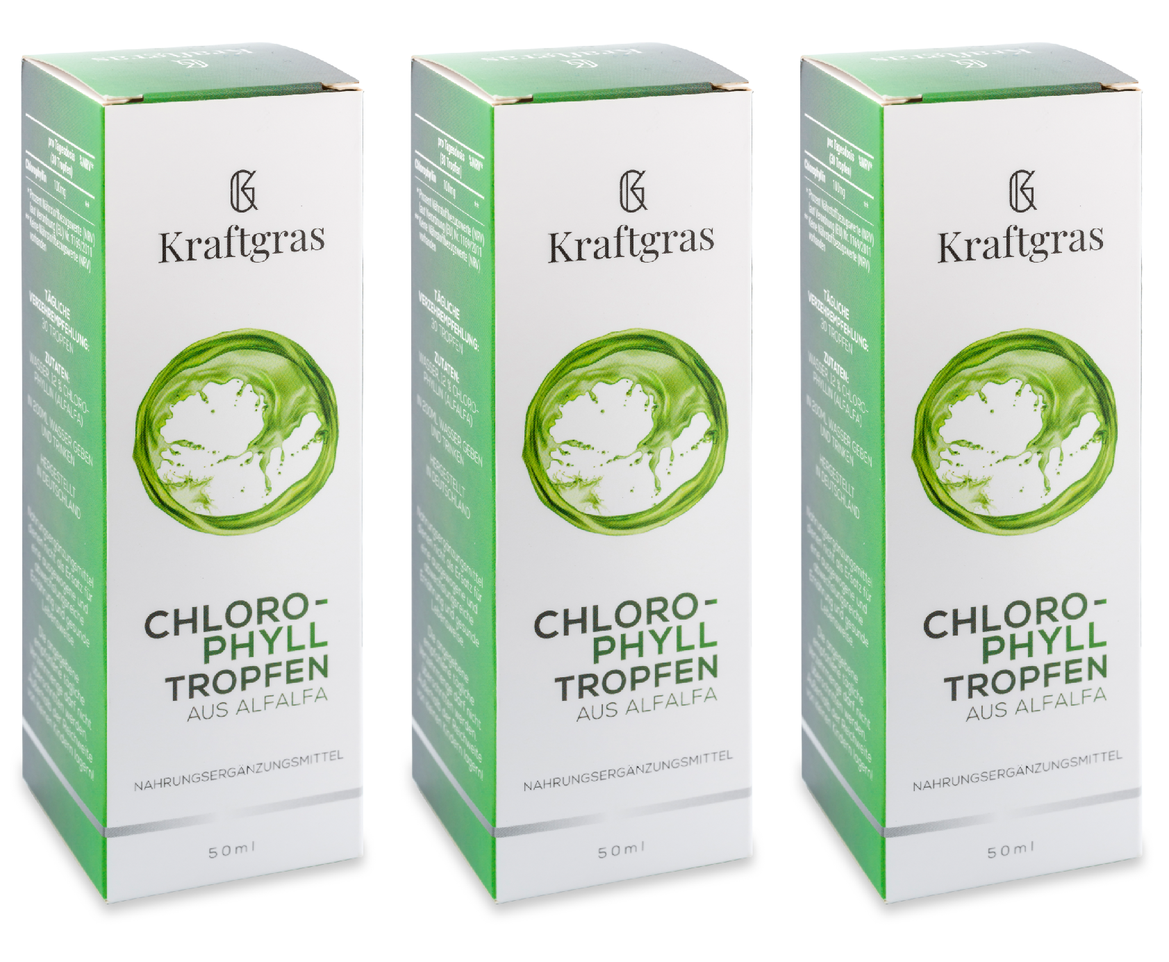 Kraftgras - Gotas de clorofila de alfalfa (50 ml) - clorofila líquida de alfalfa con agua (vegano y natural) - 3x50 ml
