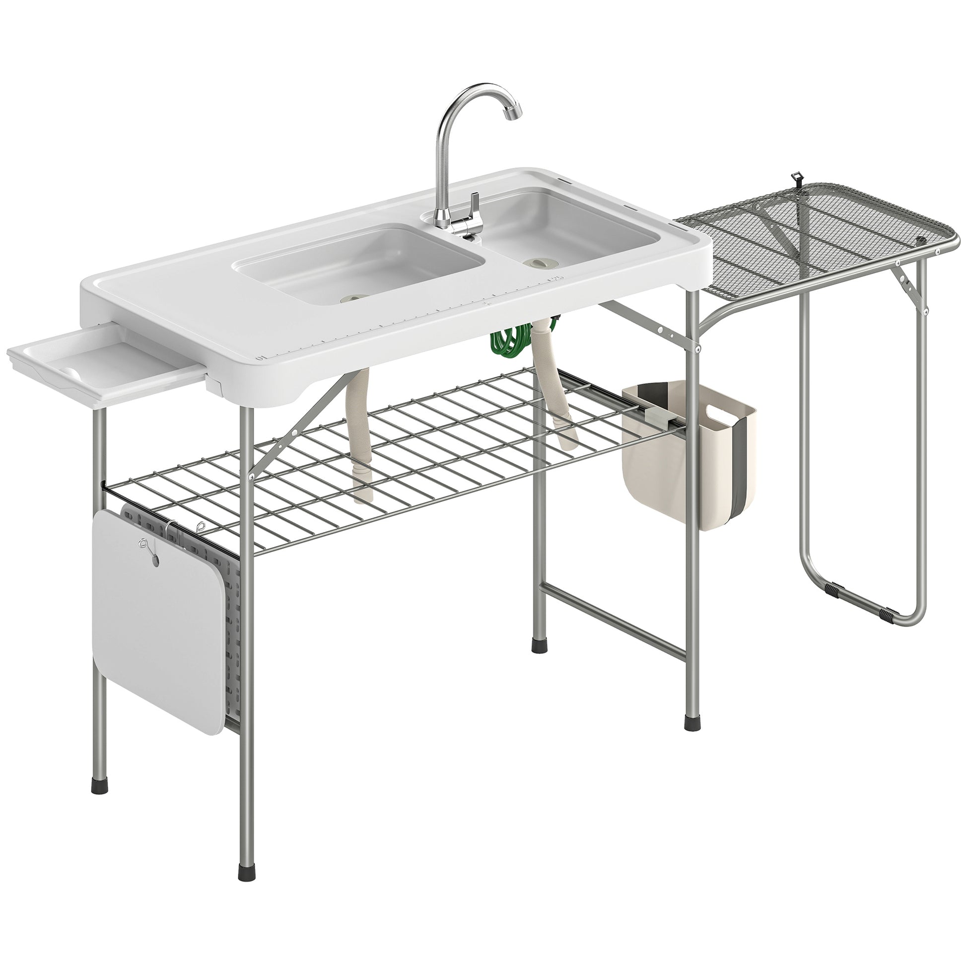 Outsunny Mesa Plegable Camping Con 2 Fregaderos Y Estante Lateral_0