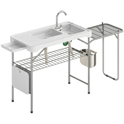 Outsunny Mesa Plegable Camping Con 2 Fregaderos Y Estante Lateral_0