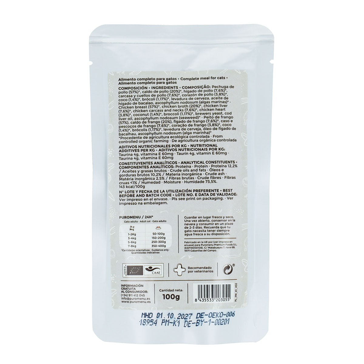 Comida húmeda Barf gatos Momento de ternura (Pollo) BIO Puromenu 100 g