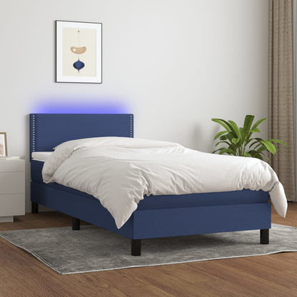 Cama Box Spring Colchón Y Luces Led Tela Azul 90x190 Cm / Vetonek_4