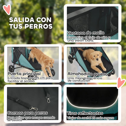 Pawhut Carrito Para Perros Plegable Con Un Botón Hasta 30 Kg Suspensión Turquesa_5