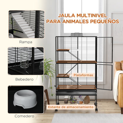 Pawhut Jaula Para Animales Pequeños De 4 Niveles Con Ruedas 78x45,5x136 Cm Negro_4