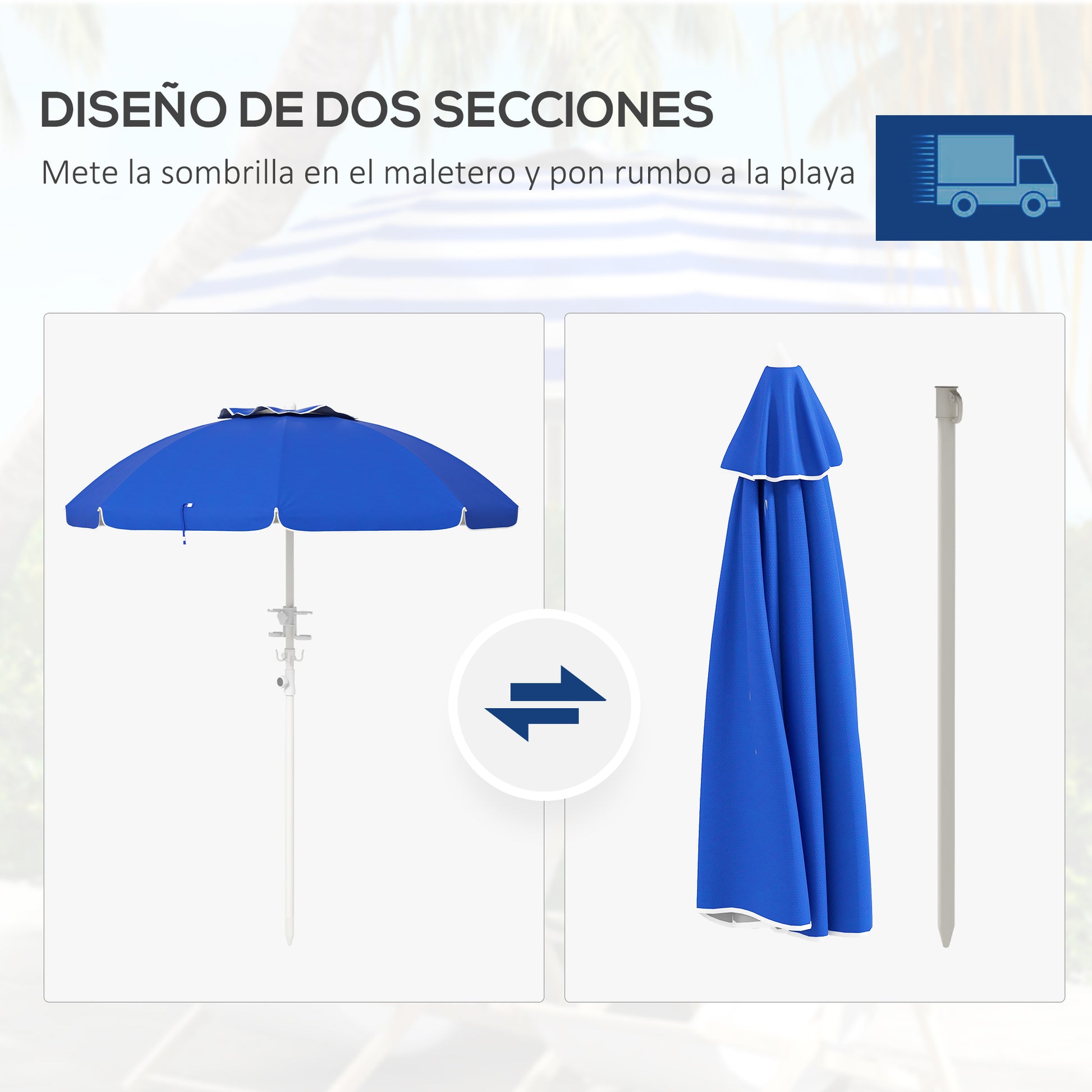 Outsunny Sombrilla De Playa Ø175x205 Cm Con 2 Portavasos Apertura Manual Azul_4