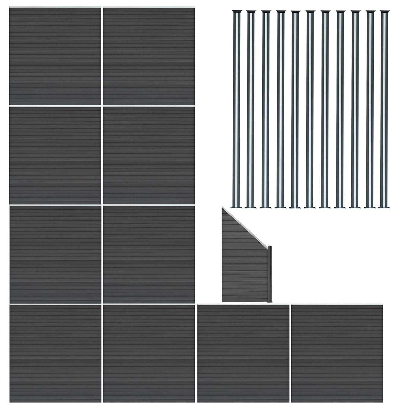 Vallas Para Exteriores De Wpc Y Aluminio - 10x Paneles Cuadrados + 1x Oblicuo + 11x Postes Con Led | Gris_0