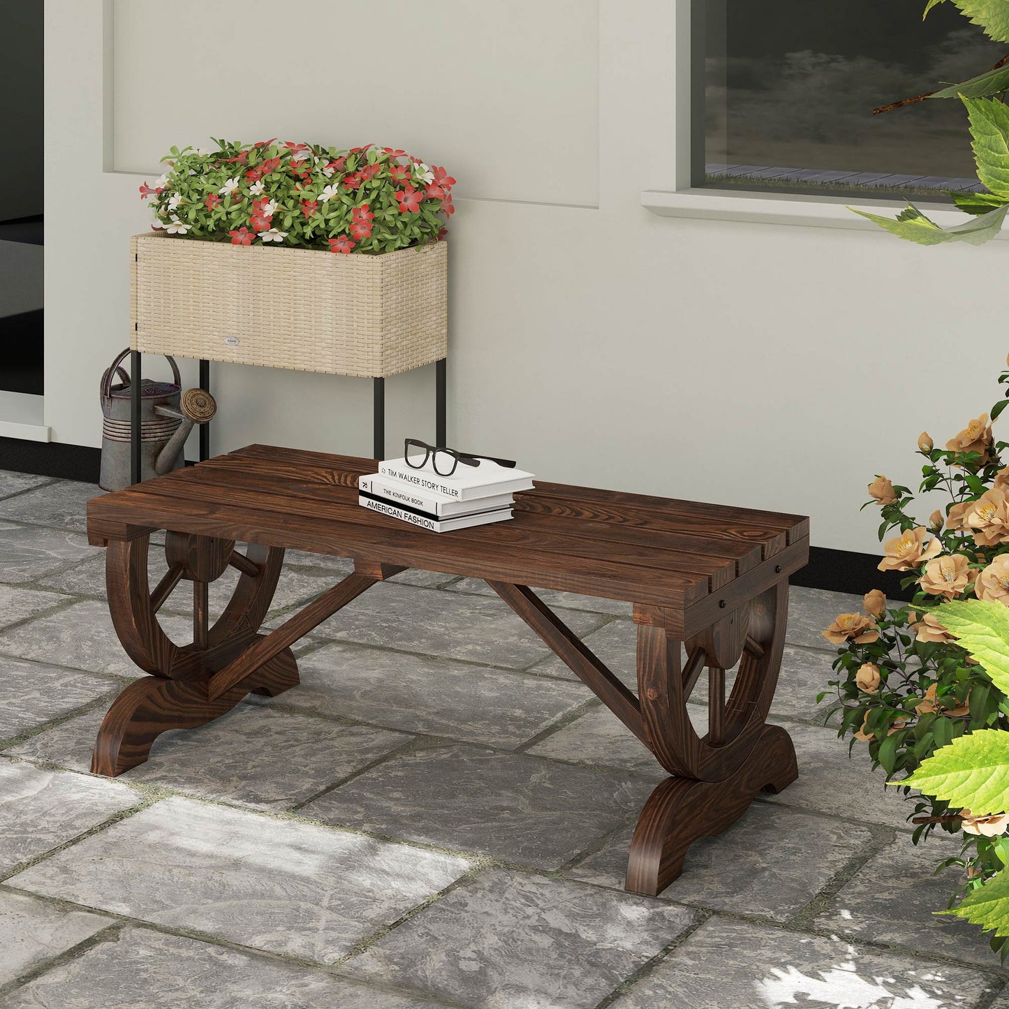 Outsunny Banco De Jardín Con Ruedas Decorativas 98x50x39,5 Cm Carbonizado_4