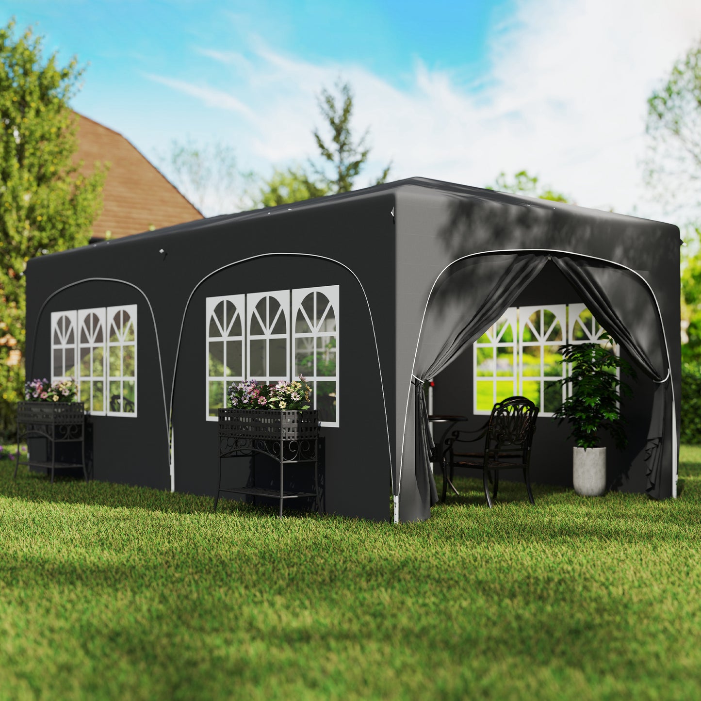 Outsunny Carpa Plegable Gazebo 6x3 M Con 6 Paredes Laterales Gris Oscuro_1