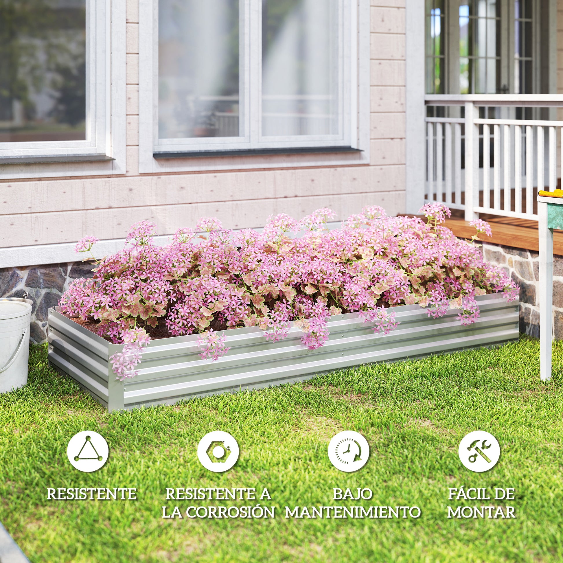 Outsunny Jardinera Exterior Grande De Acero Galvanizado Con Base Abierta Plata_5