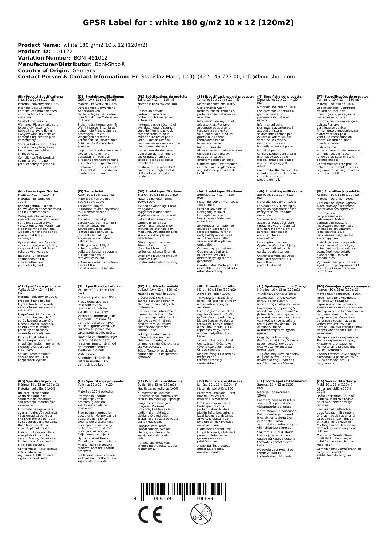 Lona Impermeable Blanca 10x12m (120m²), 180g/m², Protección Uv