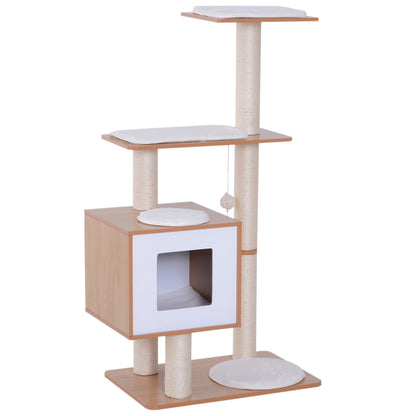 Pawhut Árbol Rascador Gatos De Madera 71,5x49,5x120 Cm Con Cueva Postes De Sisal_0