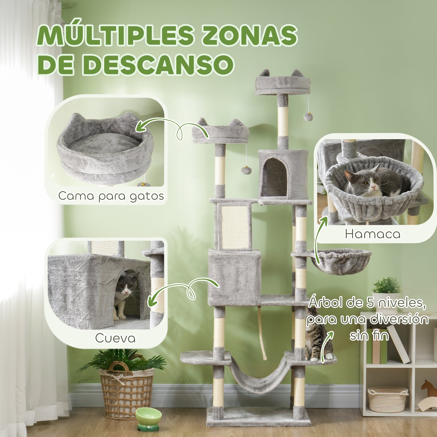 Pawhut Árbol Rascador Para Gatos Grande Altura 206 Cm Con Hamacas Gris Claro_3