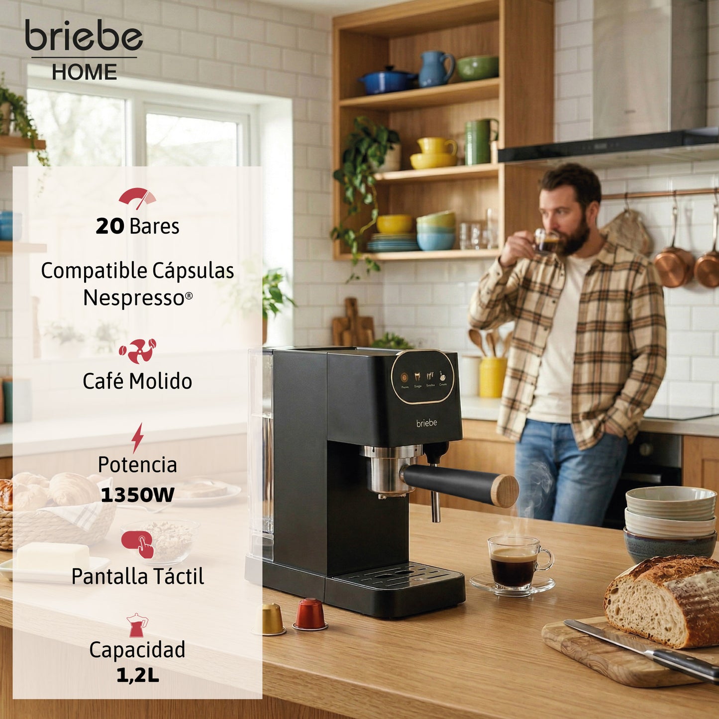 Briebe Nordic Cafetera Espresso 20 Bares Compatible Cápsulas Nespresso Y Café Molido Espumador Leche, Ec1180blk, Negro_2