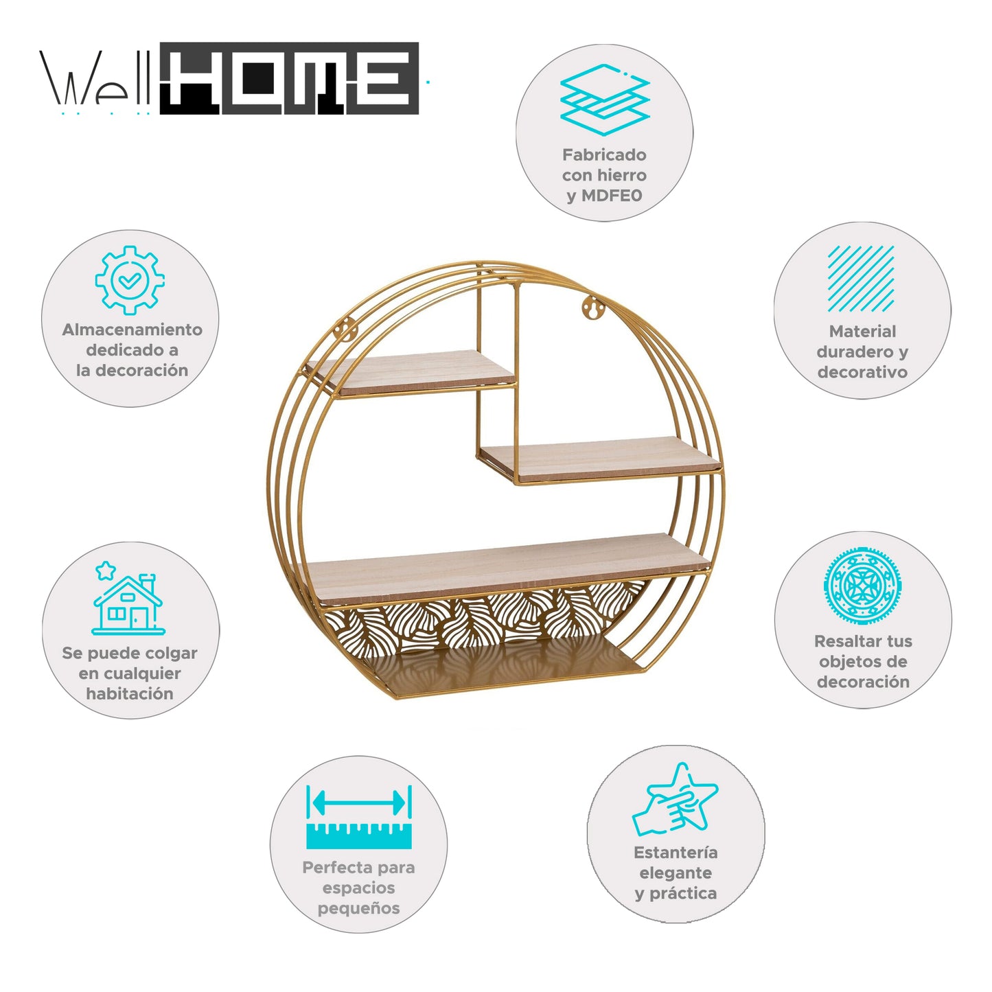 Wellhome Estantería Pared Madera Metal Redonda Oro