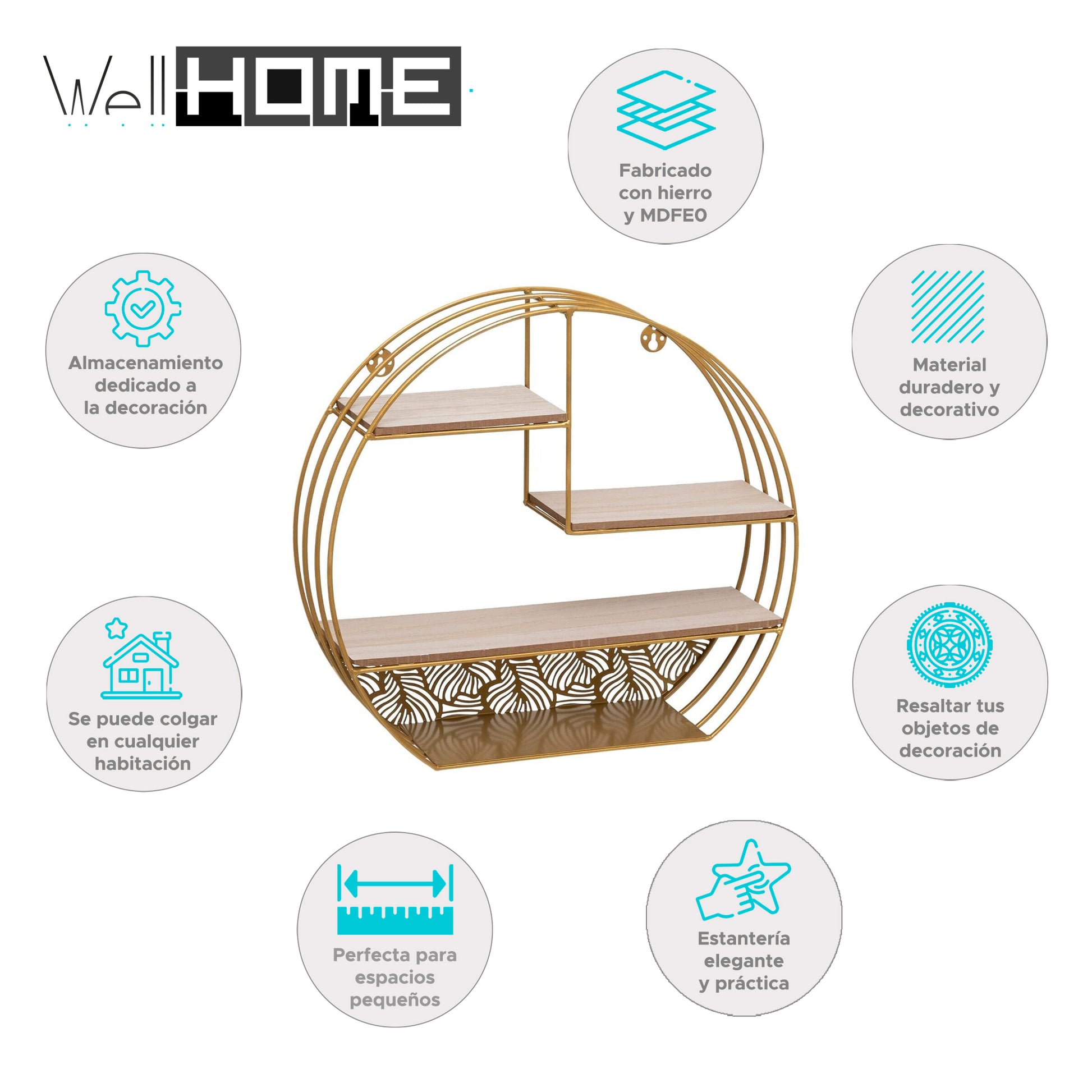 Wellhome Estantería Pared Madera Metal Redonda Oro